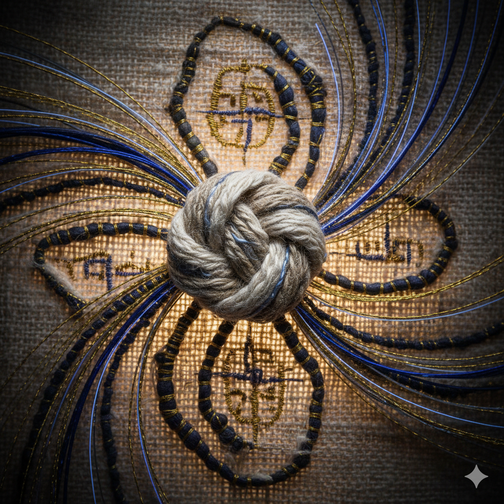 The image reflects the "Refusal" by showing that while the central truth is simple (a knot of wool), the "institutional structure" (the intricate embroidery and radiating lines) is what gives it its specific, recognizable "Buddhist" shape. It visualizes the "gap" not as a void, but as the meticulous work of weaving a tradition around a core that is already complete.