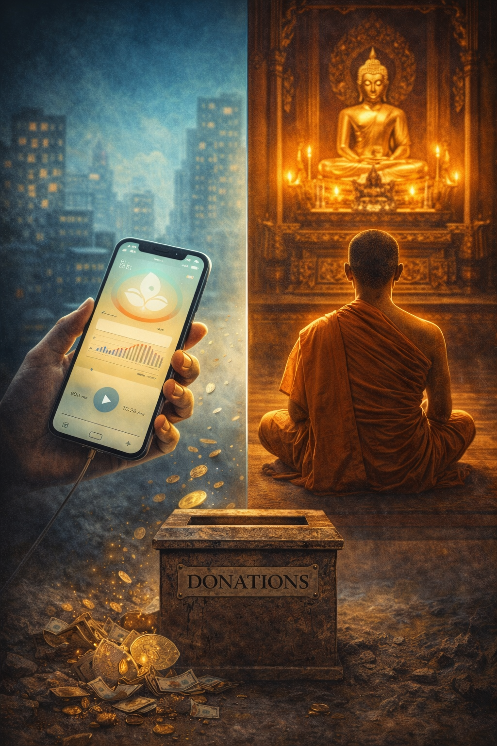 Split image showing a hand holding a smartphone with a meditation app open against a city background on one side, and a Buddhist monk meditating in front of a Buddha statue inside a temple on the other. A donation box sits between the two scenes, highlighting the contrast between modern mindfulness apps and traditional Buddhist practice.