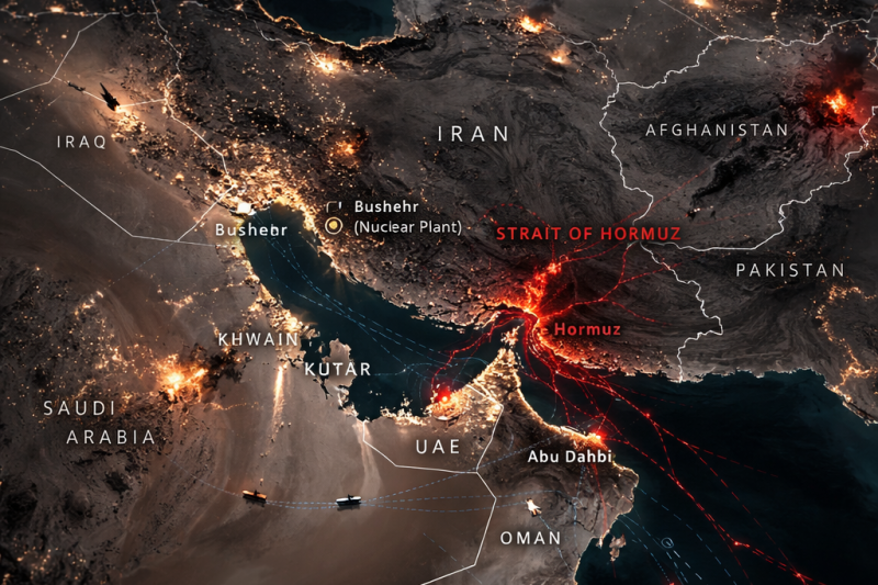 Satellite-style night map of Iran and the Persian Gulf showing glowing fracture lines radiating from the Strait of Hormuz, labeled cities including Tehran and Dubai, shipping routes across the Gulf, and marked nuclear infrastructure at Bushehr.