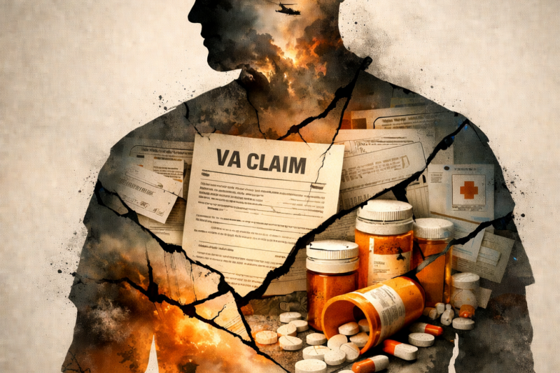 Silhouette of a military veteran filled with imagery of war, VA paperwork, and prescription medications, symbolizing the lasting physical and bureaucratic battles veterans face after service.